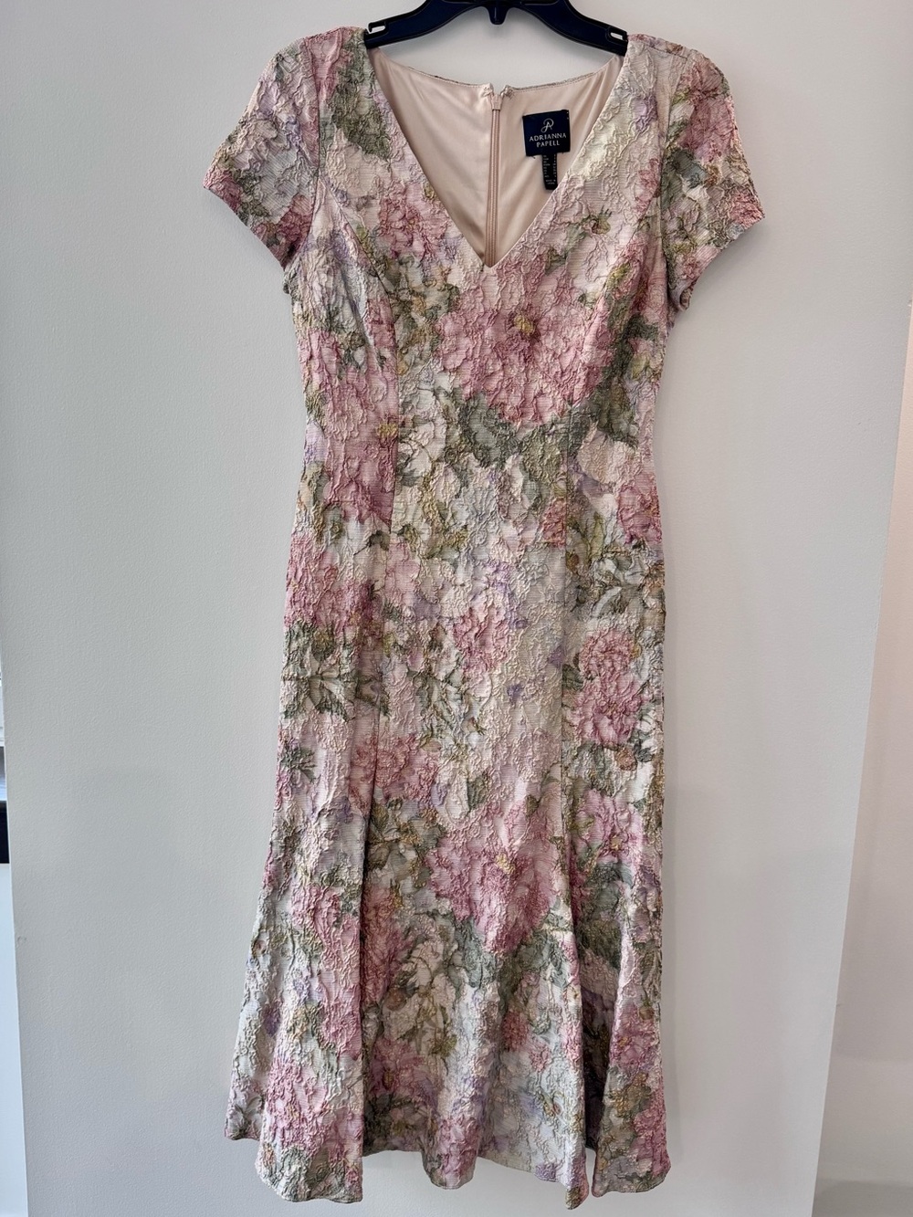 Adrianna Papell Pink and Green Floral V-Neck Midi Dress